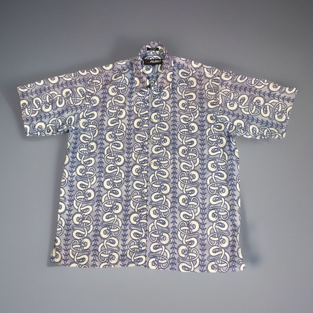 Vintage Fubu AOP Abstract Camp SS Purple Dragon Button Shirt Men's XL Hawaiian